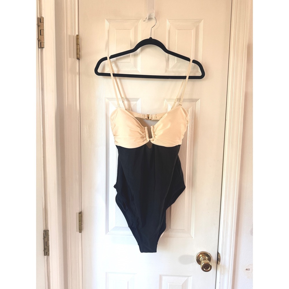 L'AGENCE LG6AF16 One Piece Swimsuit Cream Black Colorblock Ruched XL